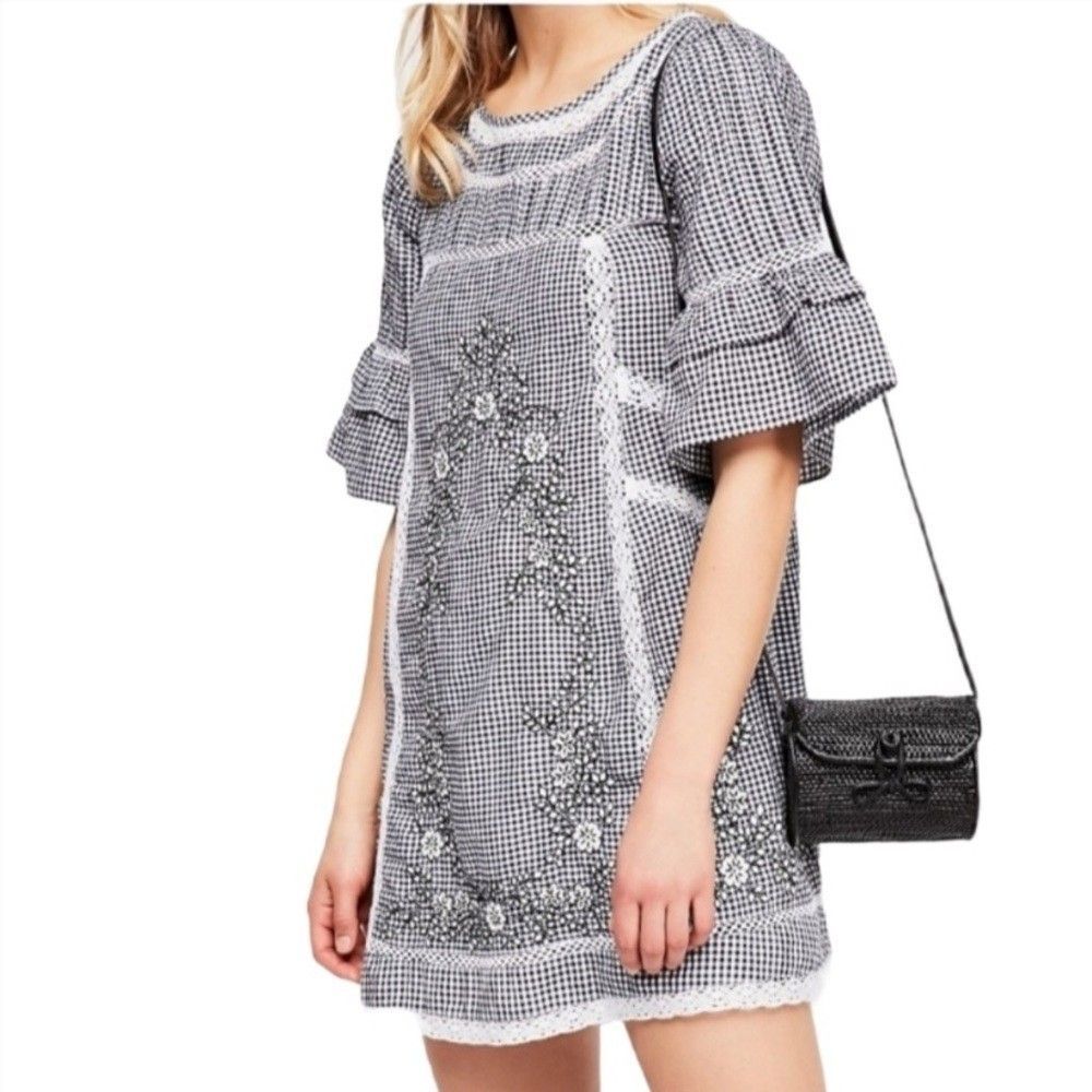 Free People Sunny Day Floral Embroidered Gingham Dress Size S